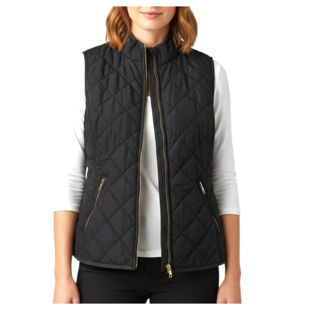 CROWN & IVY Black Quilted Puffer Vest GOLD SNAPS/ZIPPERS Gorpcore Trendy SIZE L